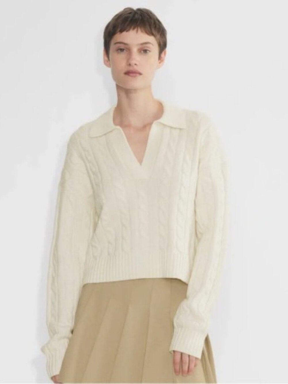Aritzia Sunday Best Lottie Cable Knit Merino Wool Blend Polo Sweater